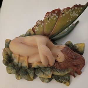 Sleeping Fairy Figurine on Leaf by [Brand] - Brown and Green